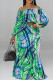 Green Casual Print Patchwork Off the Shoulder Long Sleeve Two Pieces