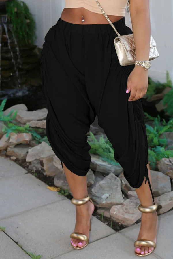 Black Casual Solid Patchwork Draw String Fold Asymmetrical High Waist Solid Color Bottoms