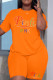 Orange Fashion Casual Letter Hot Drilling Patchwork O Neck Short Sleeve Plus Size Two Pieces