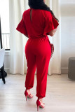 Red Casual Solid Patchwork Flounce O Neck Regular Jumpsuits