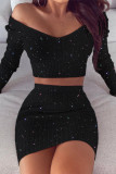 Black Fashion Casual Solid Patchwork V Neck Long Sleeve Two Pieces
