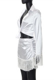 White Fashion Casual Solid Tassel Patchwork Turndown Collar Long Sleeve Two Pieces