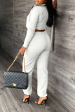 White Casual Work Solid Patchwork Buttons O Neck Long Sleeve Two Pieces