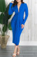 Blue Fashion Casual Solid Patchwork V Neck Long Sleeve Dresses