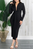 Red Fashion Casual Solid Patchwork V Neck Long Sleeve Dresses