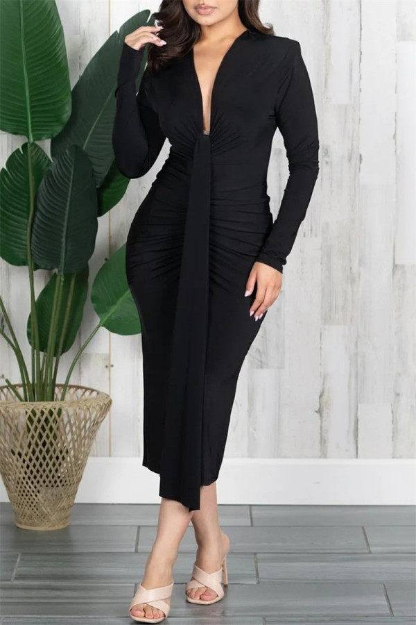 Black Fashion Casual Solid Patchwork V Neck Long Sleeve Dresses