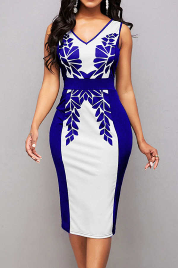 Blue Casual Work Print Patchwork V Neck One Step Skirt Dresses
