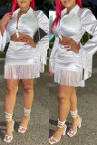 White Fashion Casual Solid Tassel Patchwork Turndown Collar Long Sleeve Two Pieces
