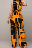 Red Casual Elegant Print Patchwork Buckle Mandarin Collar Straight Jumpsuits