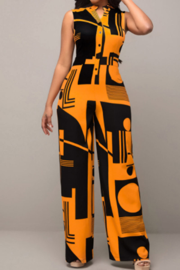 Orange Casual Elegant Print Patchwork Buckle Mandarin Collar Straight Jumpsuits