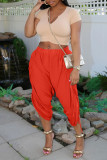 Tangerine Casual Solid Patchwork Draw String Fold Asymmetrical High Waist Solid Color Bottoms