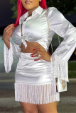 White Fashion Casual Solid Tassel Patchwork Turndown Collar Long Sleeve Two Pieces