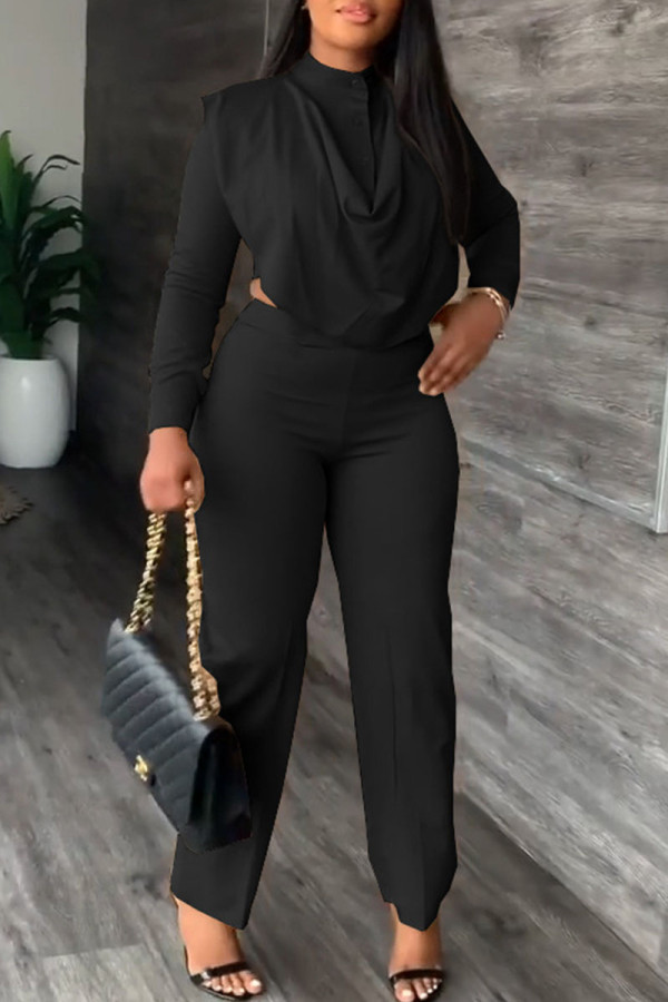 Black Casual Work Solid Patchwork Buttons O Neck Long Sleeve Two Pieces