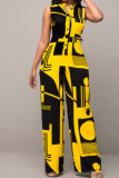 Red Casual Elegant Print Patchwork Buckle Mandarin Collar Straight Jumpsuits