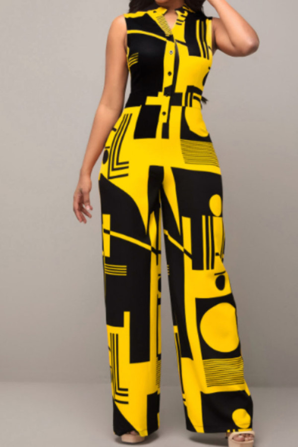 Yellow Casual Elegant Print Patchwork Buckle Mandarin Collar Straight Jumpsuits