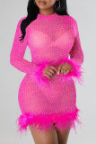 Rose Red Fashion Sexy Patchwork See-through O Neck Long Sleeve Dresses