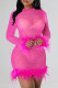 Rose Red Fashion Sexy Patchwork See-through O Neck Long Sleeve Dresses