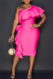 Rose Red Fashion Sexy Solid Patchwork Backless Oblique Collar Evening Dress