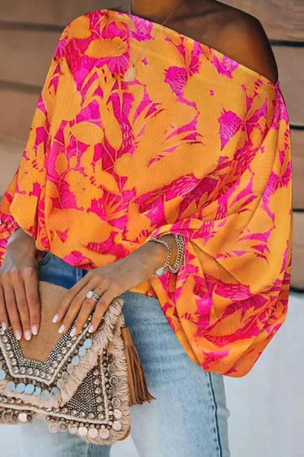 Orange Fashion Casual Print Patchwork Off the Shoulder Tops