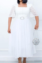 White Elegant Solid Patchwork Beading With Belt Square Collar Dresses