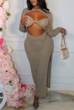 Grey Fashion Sexy Solid Hollowed Out Patchwork Slit O Neck Long Sleeve Dresses