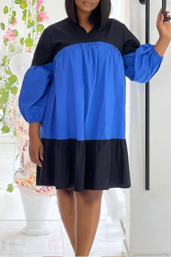 Blue Black Fashion Casual Solid Patchwork Contrast V Neck Long Sleeve Dresses