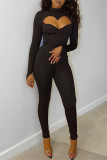 Black Fashion Sexy Solid Hollowed Out Half A Turtleneck Long Sleeve Two Pieces