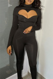 Black Fashion Sexy Solid Hollowed Out Half A Turtleneck Long Sleeve Two Pieces
