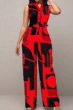 Red Casual Elegant Print Patchwork Buckle Mandarin Collar Straight Jumpsuits