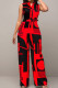 Red Casual Elegant Print Patchwork Buckle Mandarin Collar Straight Jumpsuits