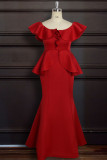 Red Sexy Solid Flounce Fold Zipper O Neck Trumpet Mermaid Dresses