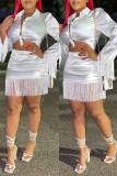 White Fashion Casual Solid Tassel Patchwork Turndown Collar Long Sleeve Two Pieces