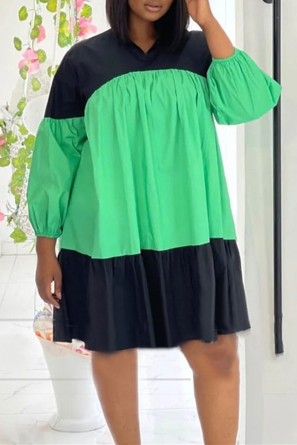 Black Green Fashion Casual Solid Patchwork Contrast V Neck Long Sleeve Dresses