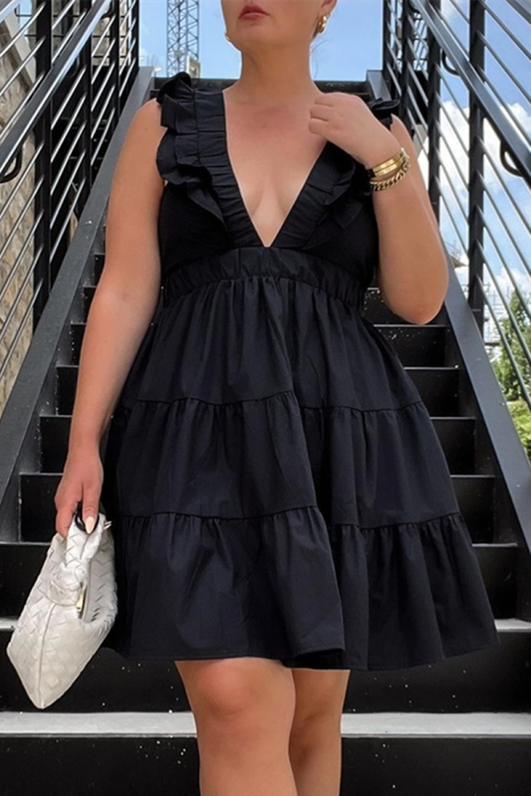 Black Fashion Casual Solid Patchwork V Neck Sleeveless Dress