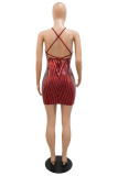 Red Fashion Sexy Patchwork Sequins Backless Cross Straps Spaghetti Strap Sleeveless Dress