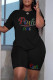 Black Fashion Casual Letter Hot Drilling Patchwork O Neck Short Sleeve Plus Size Two Pieces