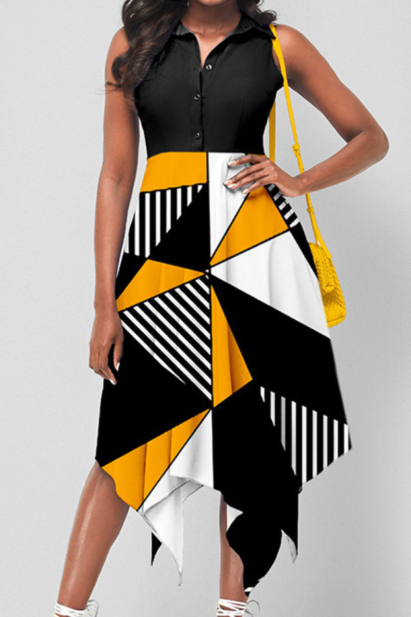 Yellow Casual Print Patchwork Buckle Turndown Collar Irregular Dress Dresses