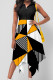 Yellow Casual Print Patchwork Buckle Turndown Collar Irregular Dress Dresses