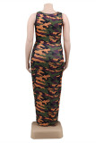 Multicolor Fashion Casual Plus Size Print Patchwork U Neck Vest Dress