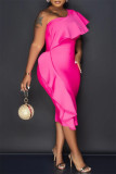 Rose Red Fashion Sexy Solid Patchwork Backless Oblique Collar Evening Dress