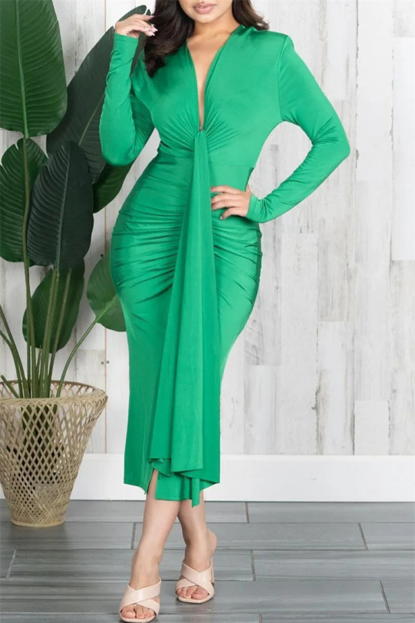 Green Fashion Casual Solid Patchwork V Neck Long Sleeve Dresses