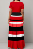 Tangerine Red Casual Elegant Striped Print Patchwork O Neck A Line Dresses