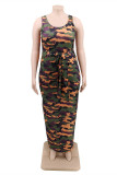 Multicolor Fashion Casual Plus Size Print Patchwork U Neck Vest Dress