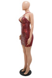 Red Fashion Sexy Patchwork Sequins Backless Cross Straps Spaghetti Strap Sleeveless Dress