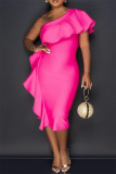 Rose Red Fashion Sexy Solid Patchwork Backless Oblique Collar Evening Dress