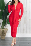 Red Fashion Casual Solid Patchwork V Neck Long Sleeve Dresses