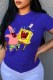 Blue Fashion Street Character Patchwork O Neck T-Shirts