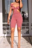 Pale Red Fashion Sexy Solid Hollowed Out Patchwork Off the Shoulder Skinny Romper
