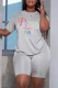 Grey Fashion Casual Letter Hot Drilling Patchwork O Neck Short Sleeve Plus Size Two Pieces