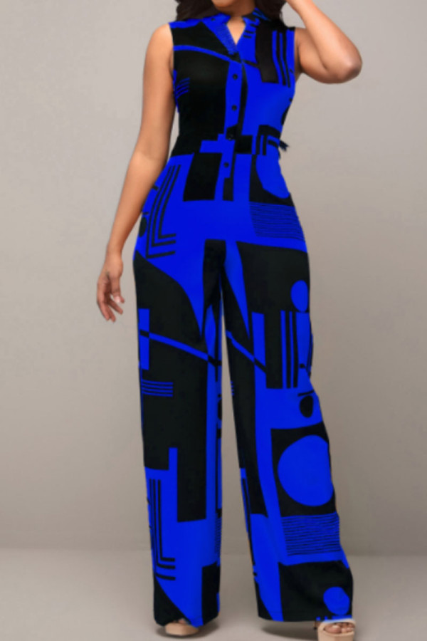 Blue Casual Elegant Print Patchwork Buckle Mandarin Collar Straight Jumpsuits